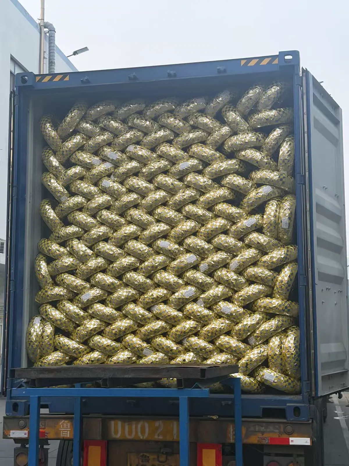 Motorcycle tires packed in an export container
