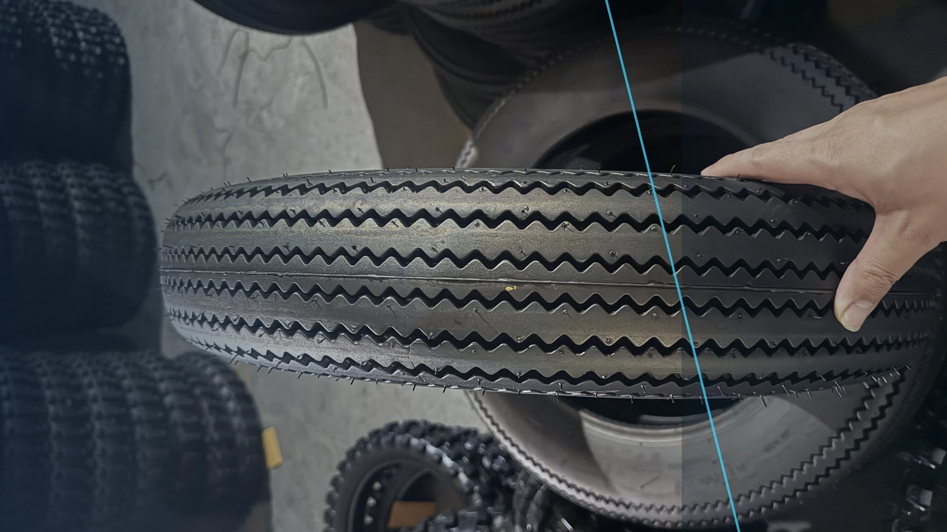 Motorcycle tire tread held during a factory inspection
